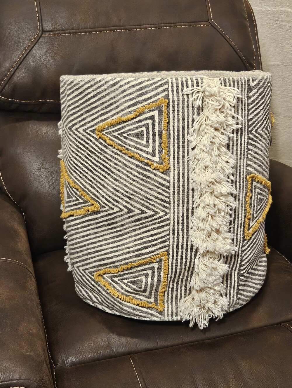 Anthropologie Kalama Basket Gray Yellow Cream Fringe Tufted Triangles Storage